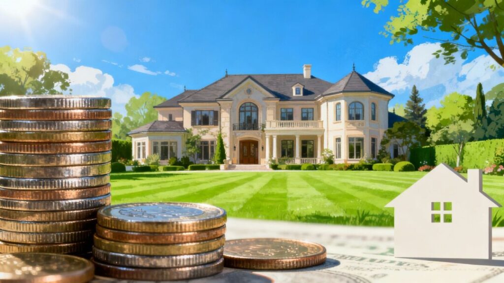 Palm Beach mansion with coins and house silhouette.
