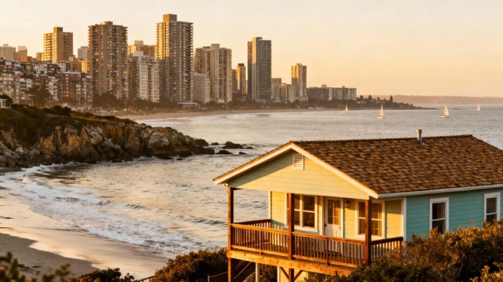 San Diego coastline with vacation rental and city skyline.