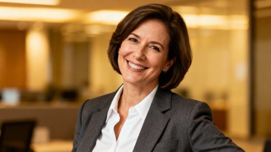 [Cynthia Birge] in professional attire, smiling.