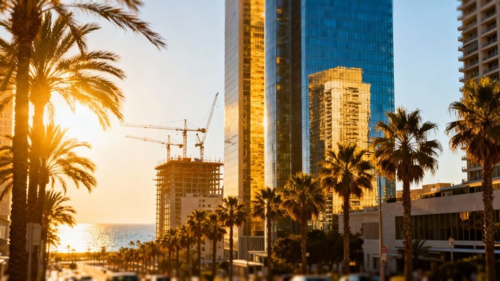 South Florida skyline with skyscrapers and palm trees.
