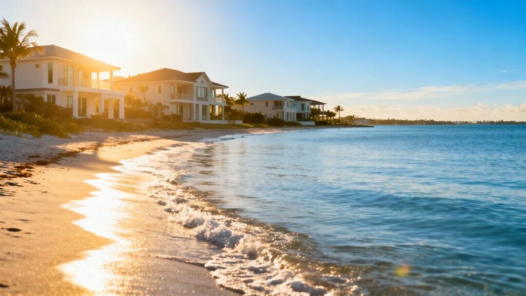 Florida coastline with houses, calm waves, blue sky.