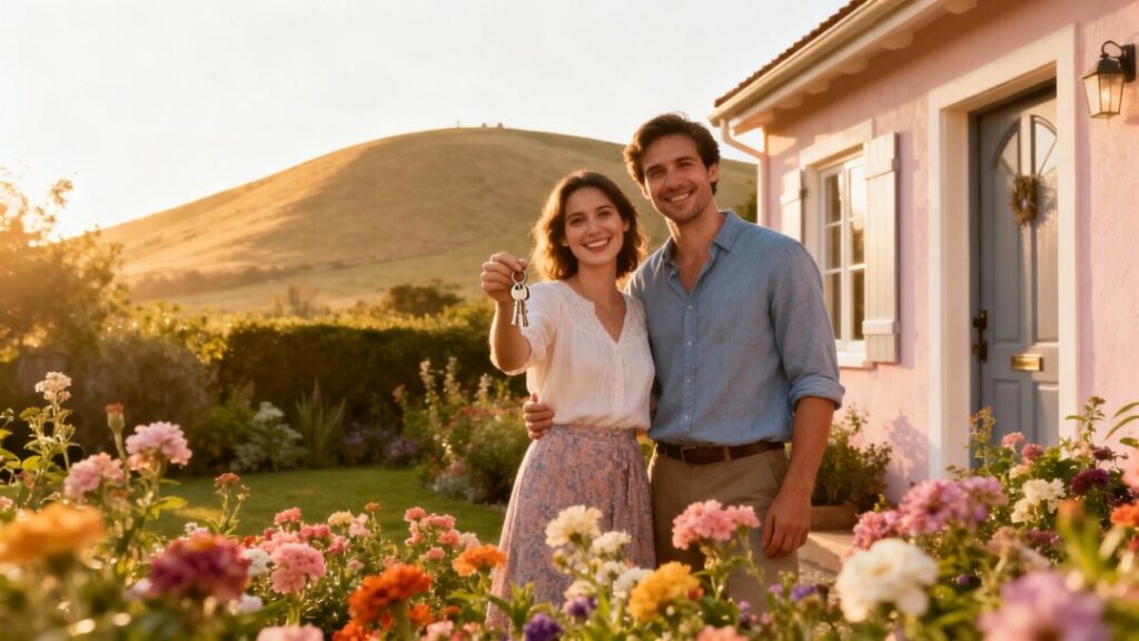 Couple with keys outside a new home.