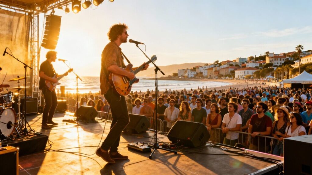 Live local band performing on an outdoor stage in Surfside.