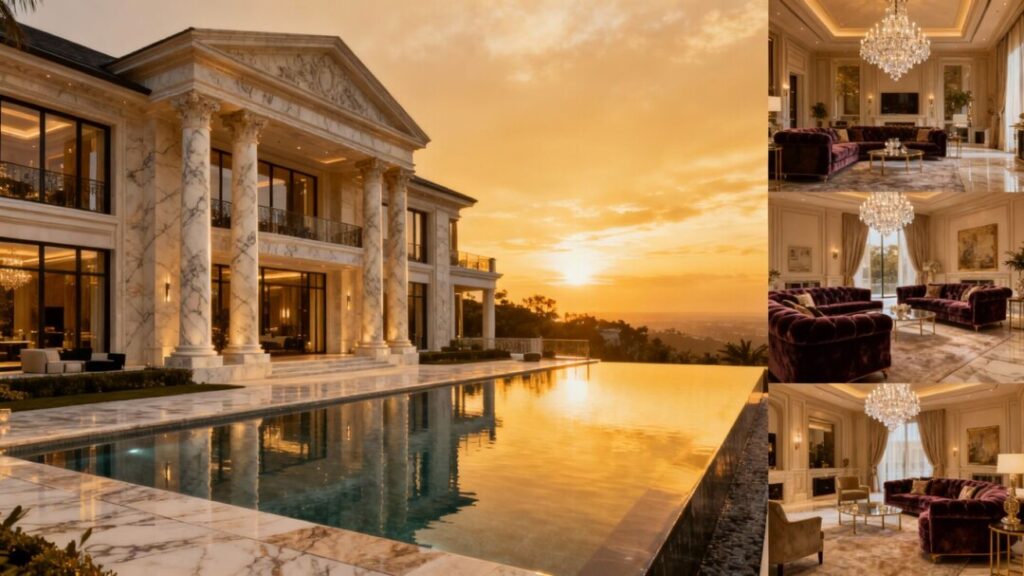 Opulent celebrity homes with pools and luxurious interiors.