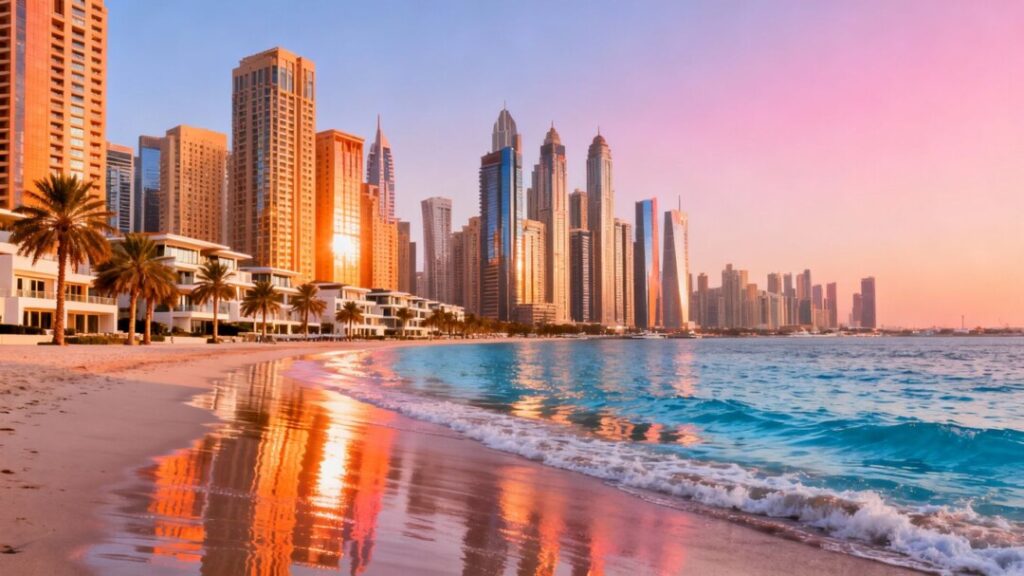 South Florida skyline with luxury buildings and ocean.