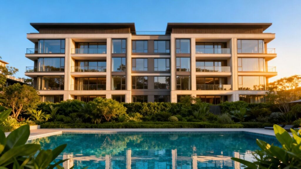 Luxury apartment building in Palm Beach Gardens with pool.