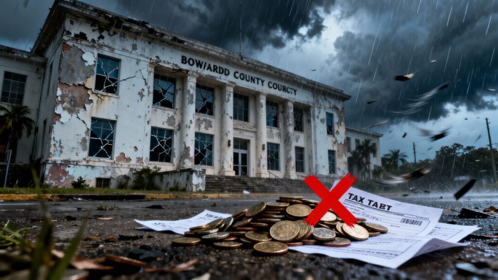 Broward County courthouse, coins, tax documents, stormy sky.