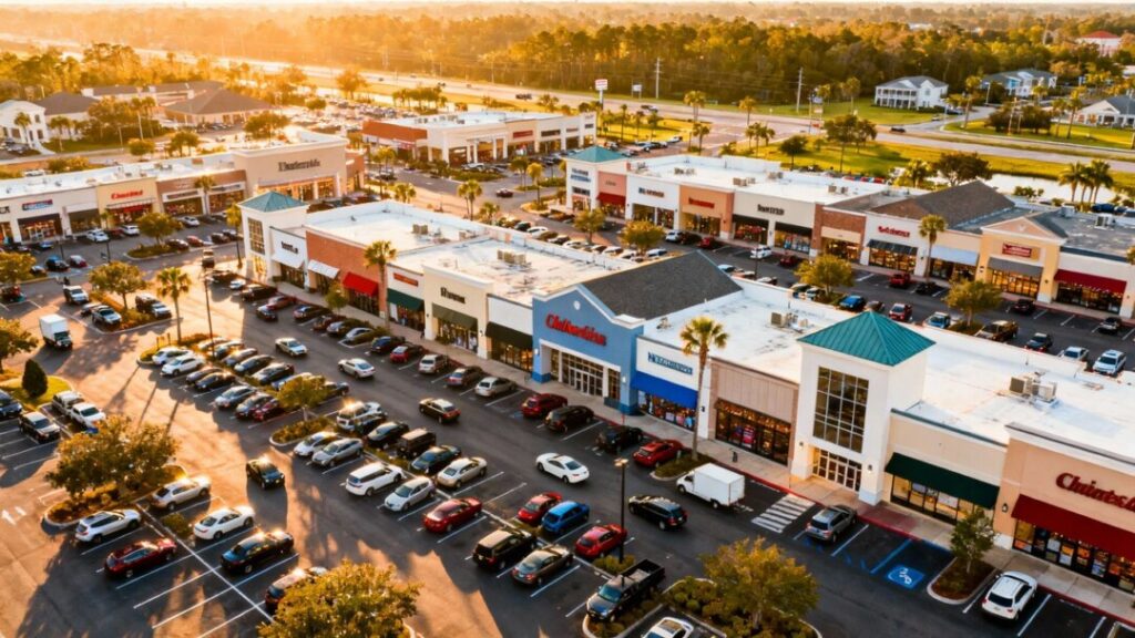 Retail properties in Virginia and Florida with storefronts and parking.