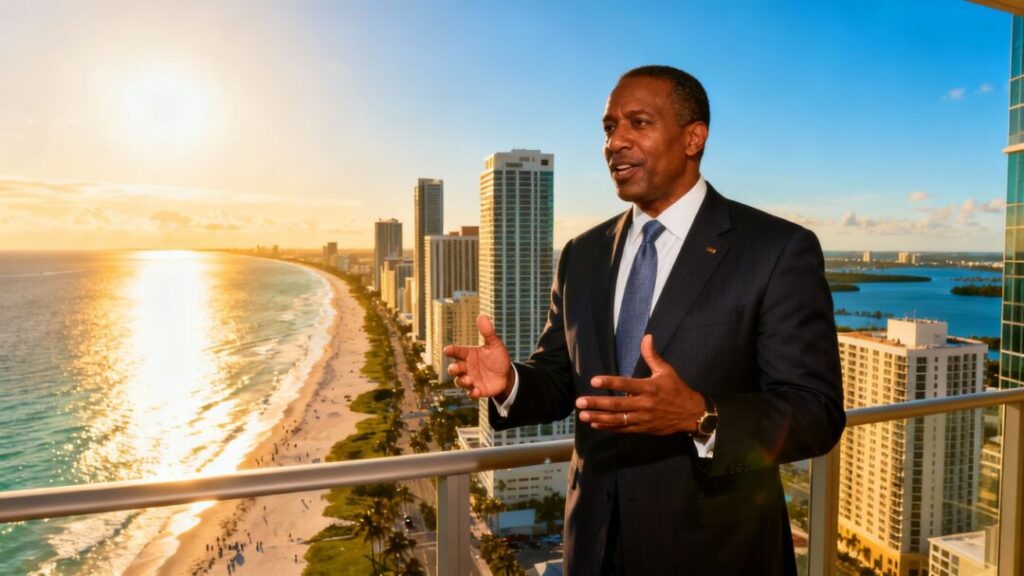Legislator Sharief with Florida skyline and beaches.