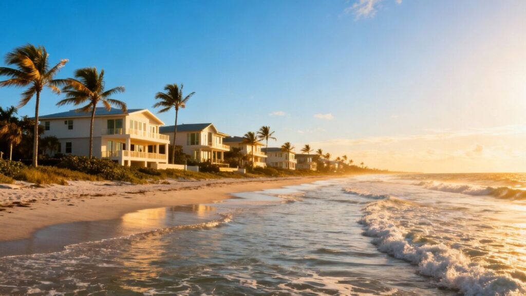 Florida coastline with houses and palm trees.