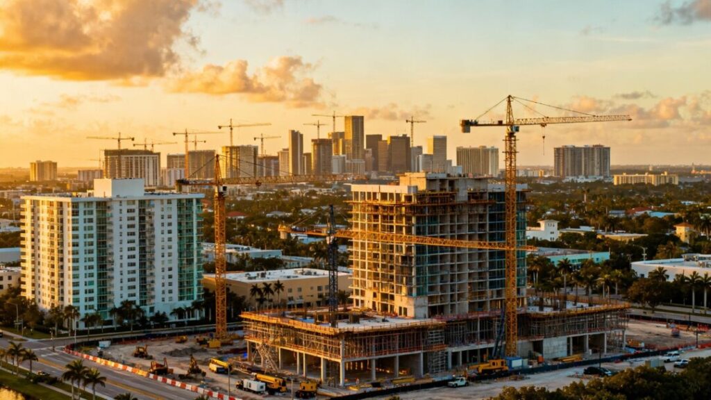 Broward County skyline with cranes and new construction.
