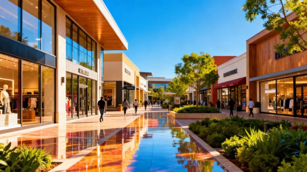 Retail shopping center with storefronts and landscaping.