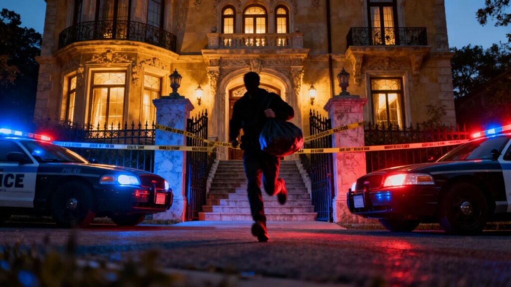 Mansion burglary, police lights, fleeing suspect, reward offered.