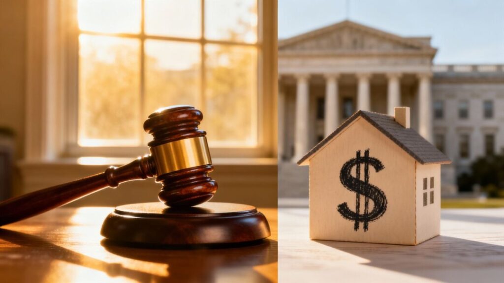 Gavel and house with dollar sign, property tax relief debate.