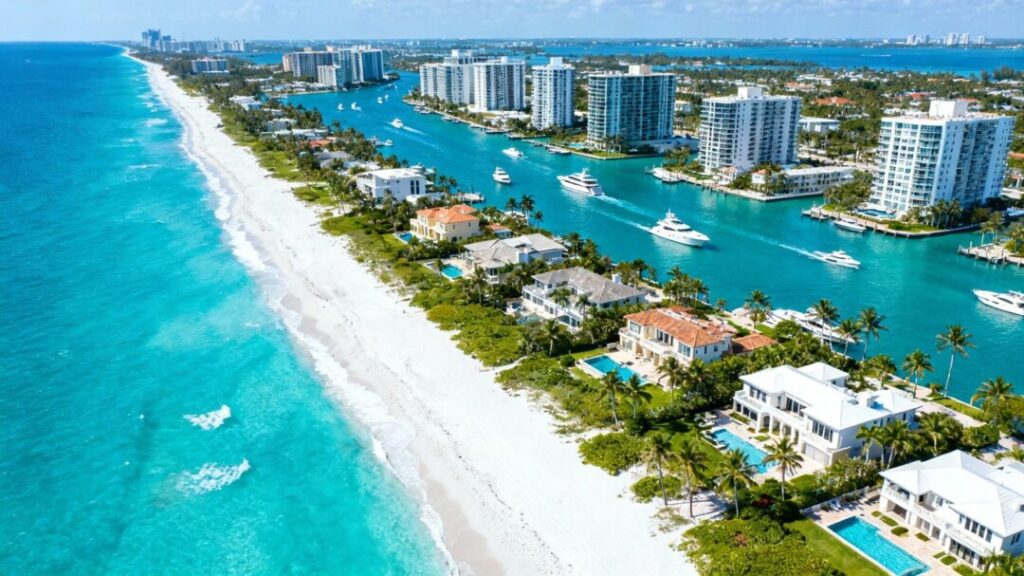 South Florida luxury homes and coastline with yachts.
