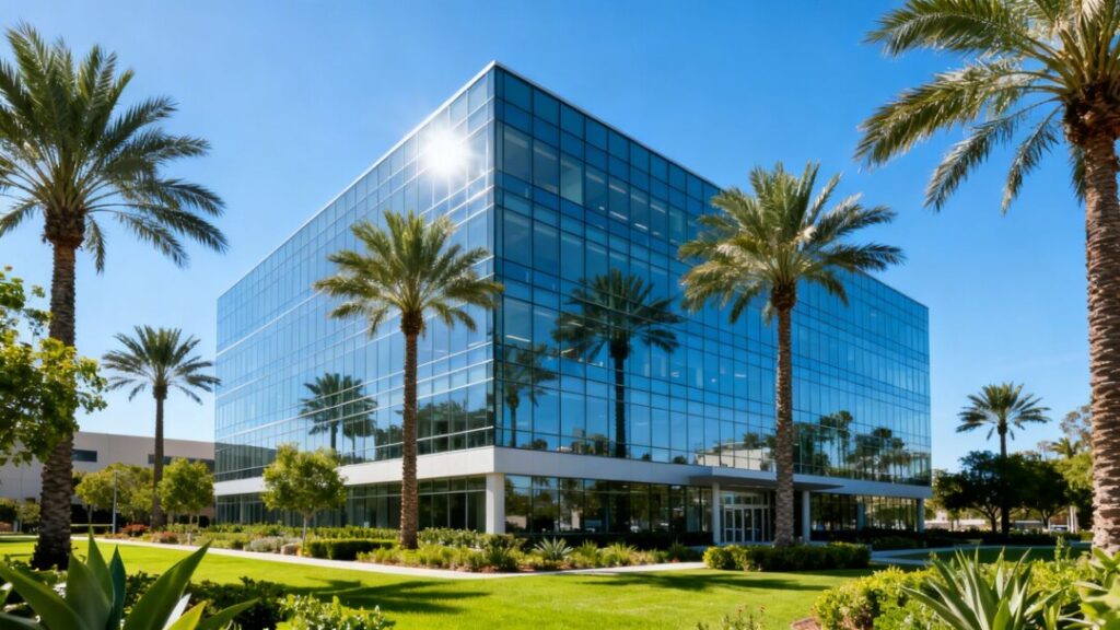 Palm Beach Gardens office building exterior with palm trees.