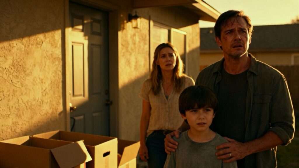 Family looking worried outside a house with moving boxes.