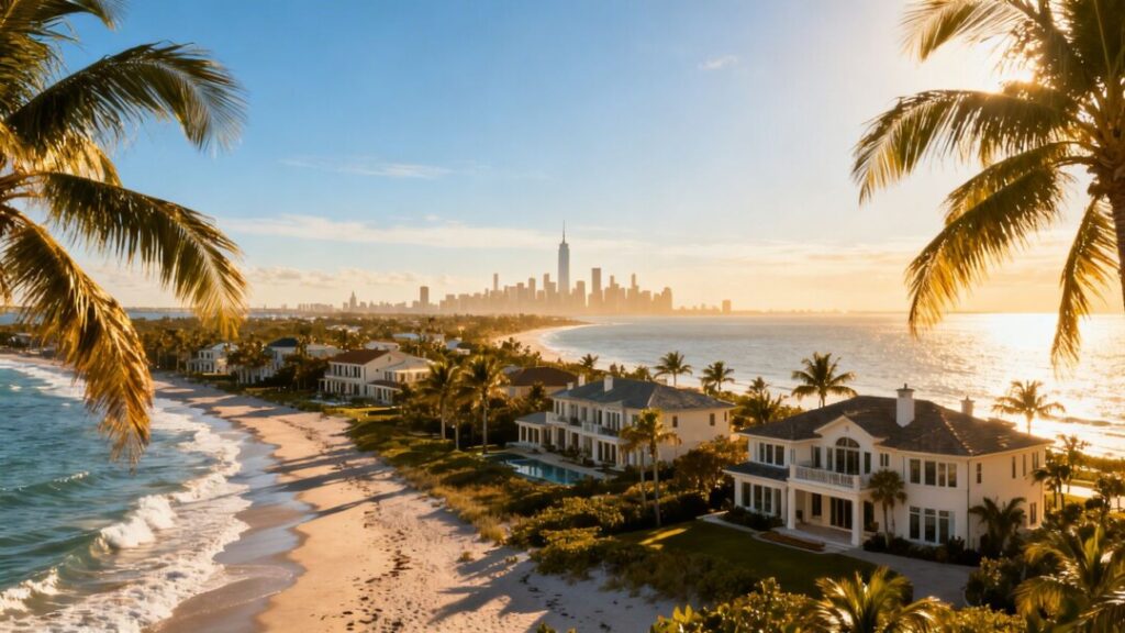 Florida coast with luxury homes and distant New York skyline.