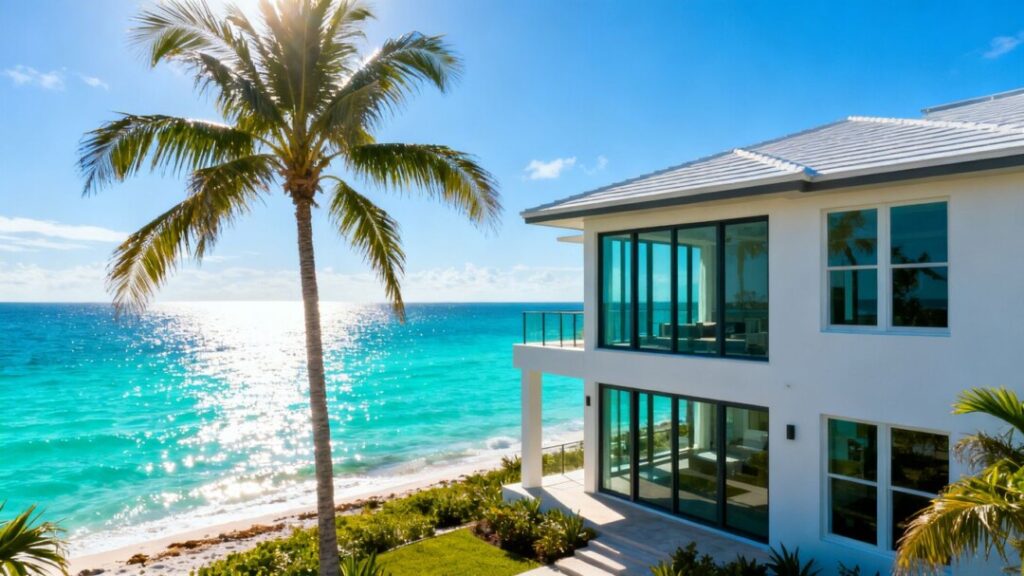 Florida coastline with house and palm trees.