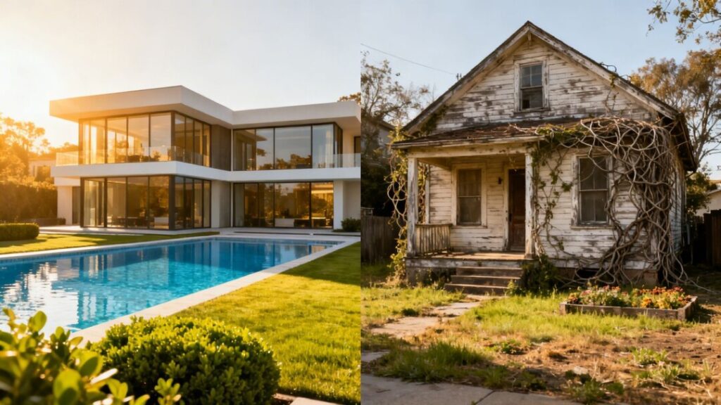 Florida housing market contrast: luxury mansion vs. older home.
