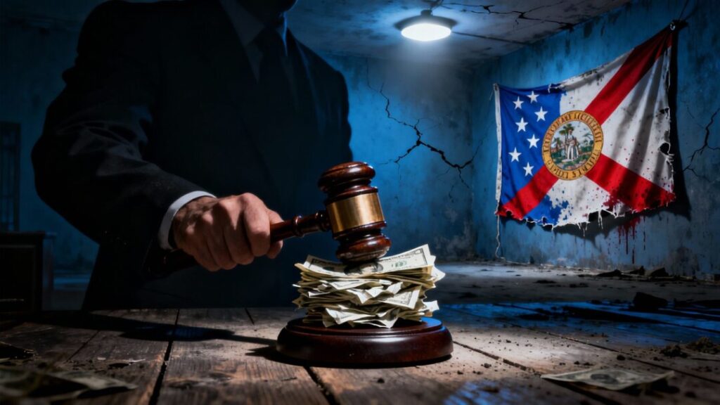 Gavel striking money, Florida flag, shadowy figure, financial crime.