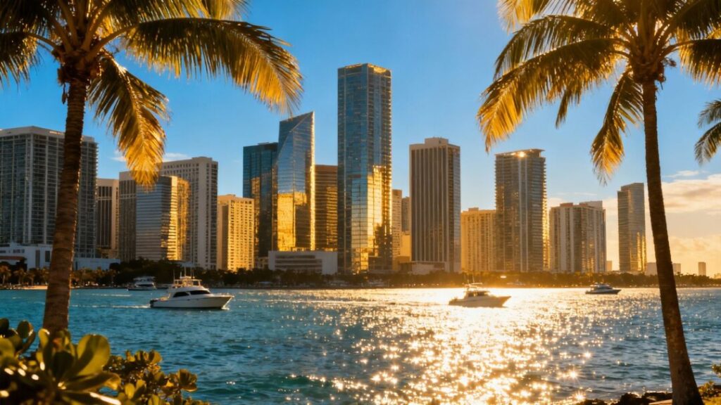Miami skyline with skyscrapers and ocean.