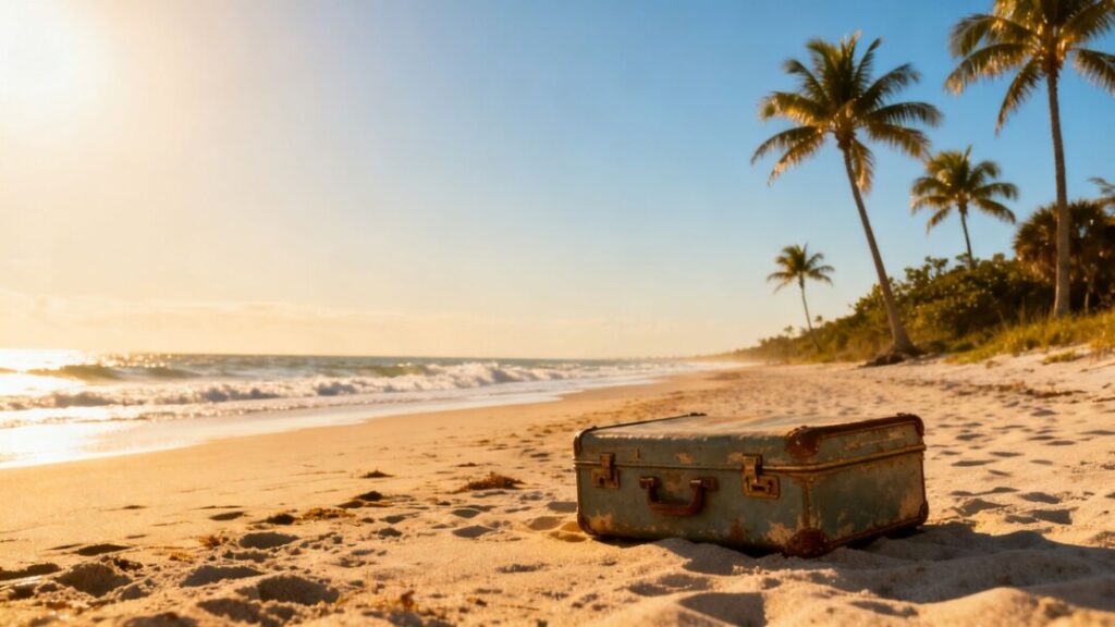 Florida beach with abandoned suitcase, symbolizing departure.