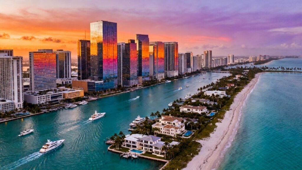 Miami skyline with luxury yachts and waterfront mansions.