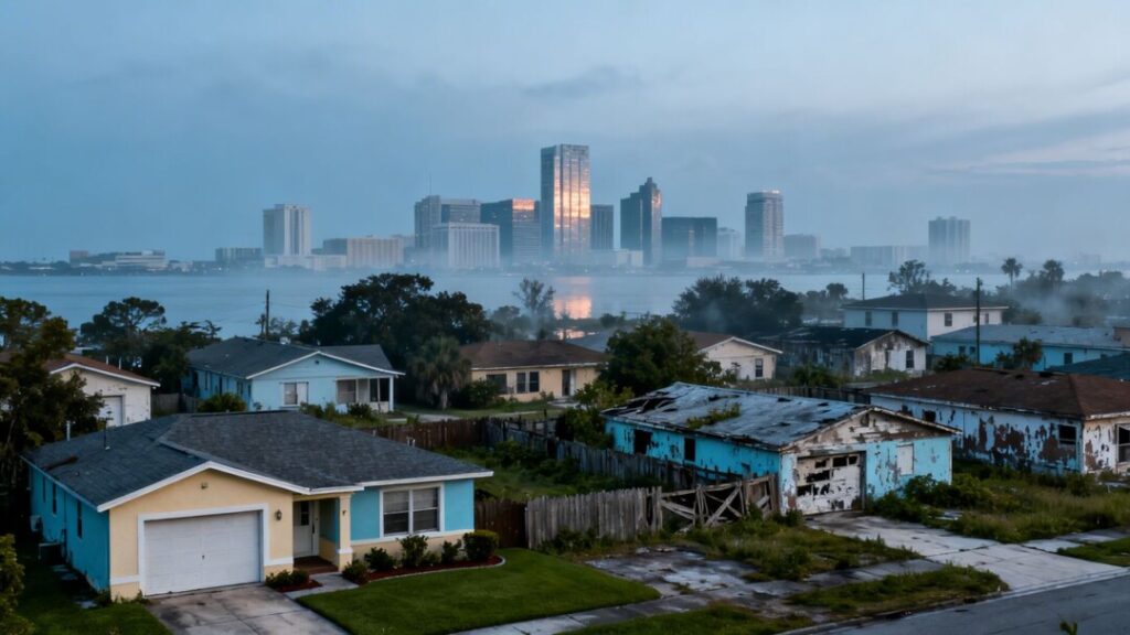 Tampa Bay skyline with houses, suggesting a cooling housing market.