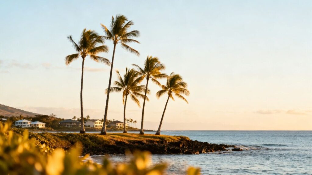 Maui coastline with houses and palm trees.