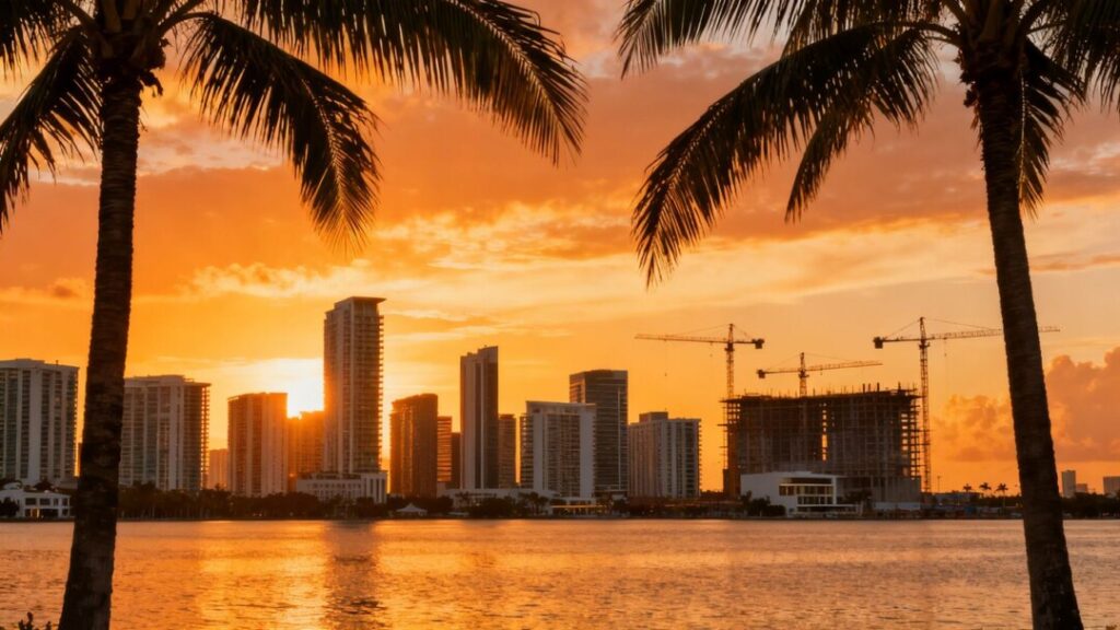 South Florida skyline with cranes and palm trees.