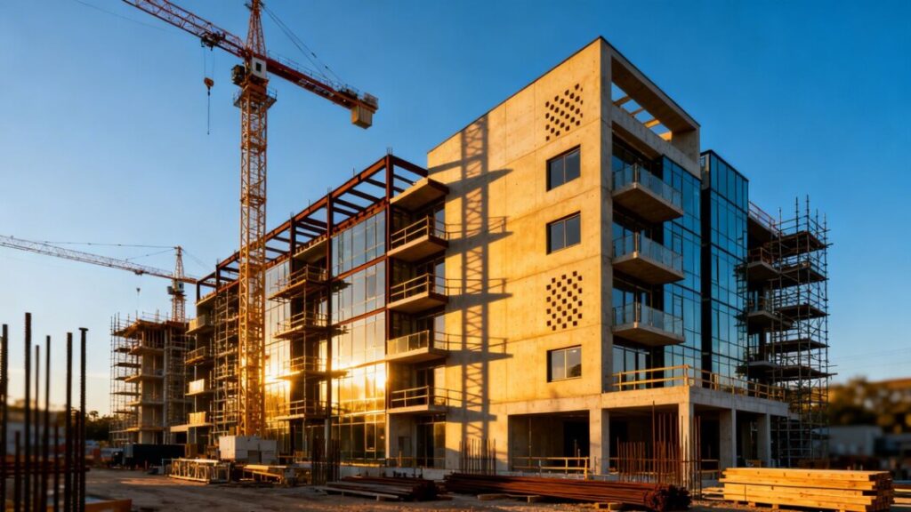 Condominium building under construction with cranes and scaffolding.
