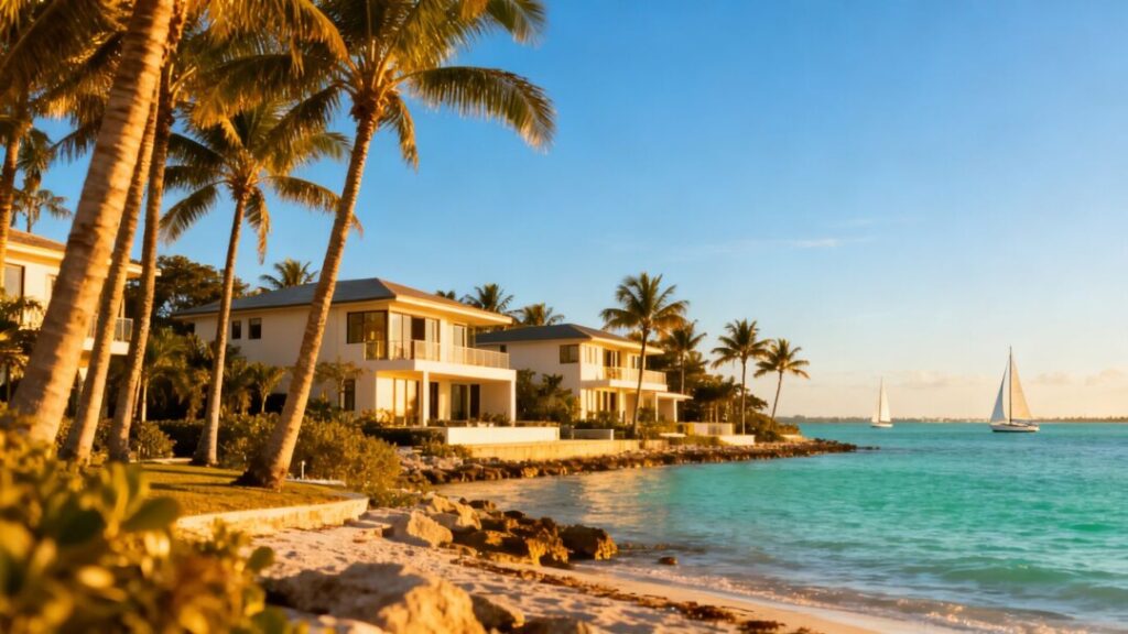 Florida homes and coastline with palm trees and ocean.
