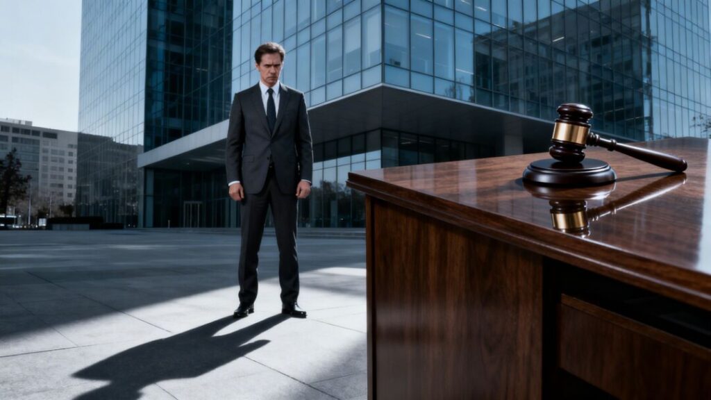 Real estate agent, office building, legal gavel, scrutiny.