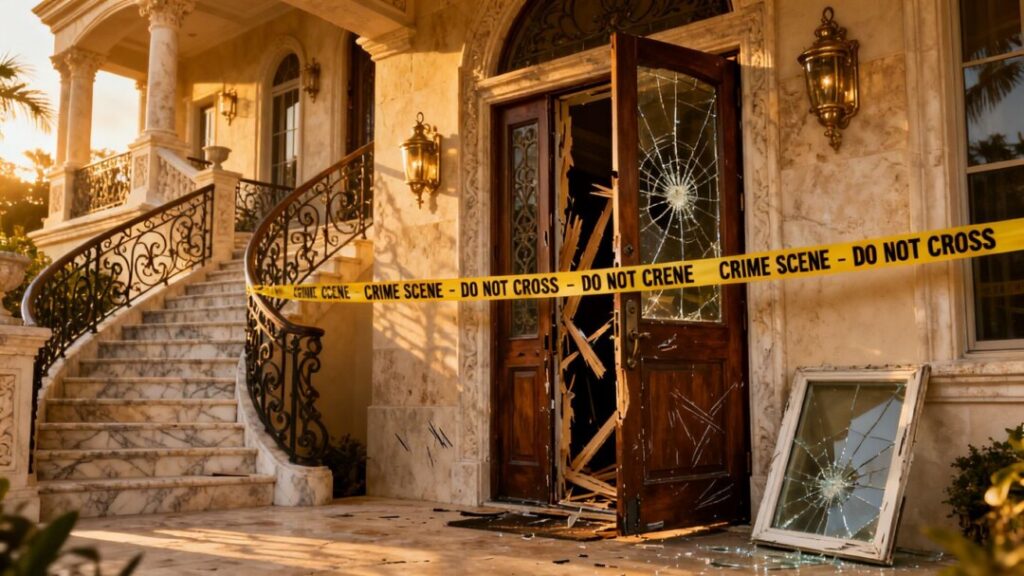 Damaged mansion entrance after a burglary in Miami-Dade.