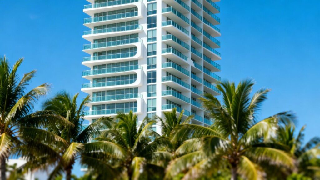 Miami condominium tower with glass balconies and palm trees.