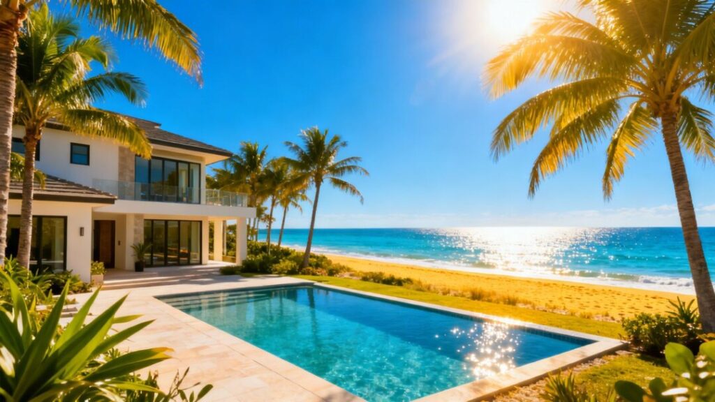 Florida home with pool and palm trees under a sunny sky.
