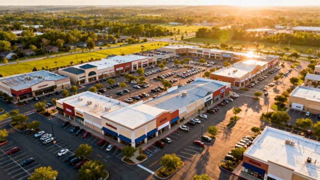Aerial view of a large shopping plaza with retail buildings and parking.