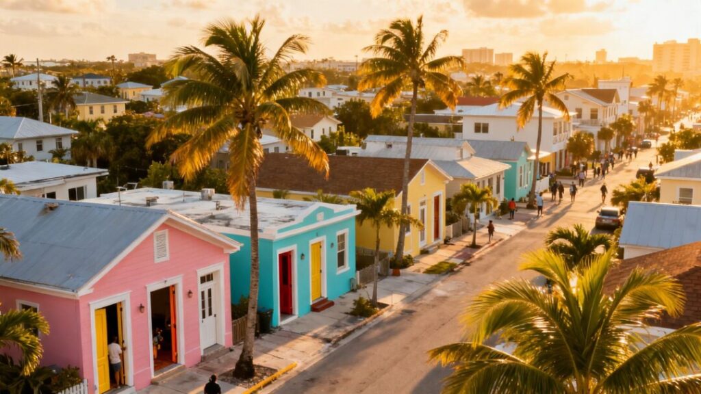 Florida housing market with houses and palm trees.