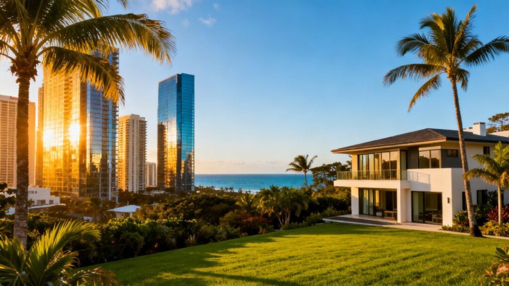 Miami skyline and upscale house
