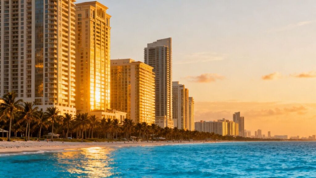 Miami skyline and ocean with palm trees.