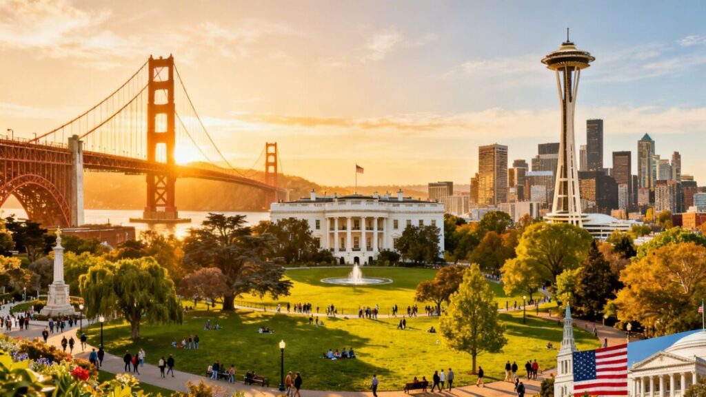 Iconic landmarks from top US state capitals.