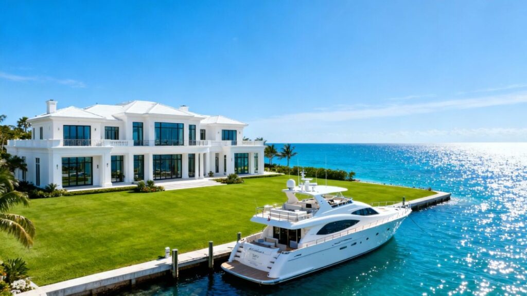 Luxury mansion on Fisher Island with yacht and ocean view.