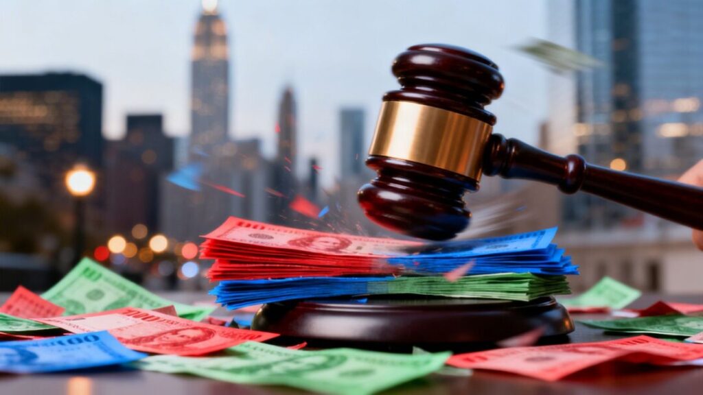 Gavel striking money, cityscape background, crackdown on scams.