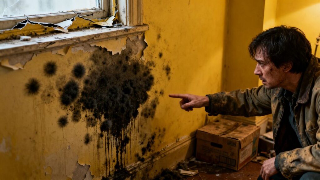 Renter points at damp, moldy wall in apartment.