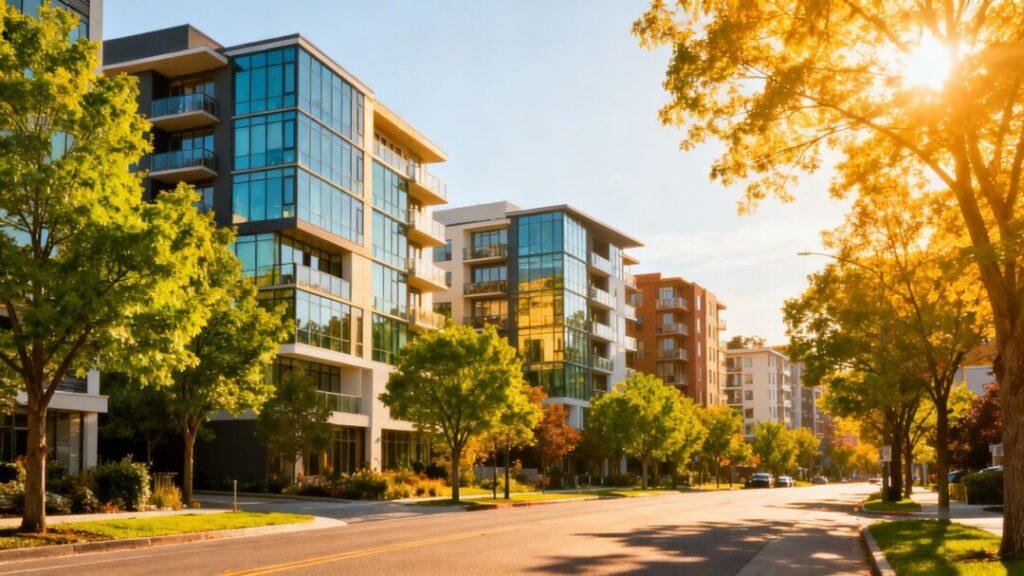 Jacksonville cityscape with modern apartments and sunny sky.