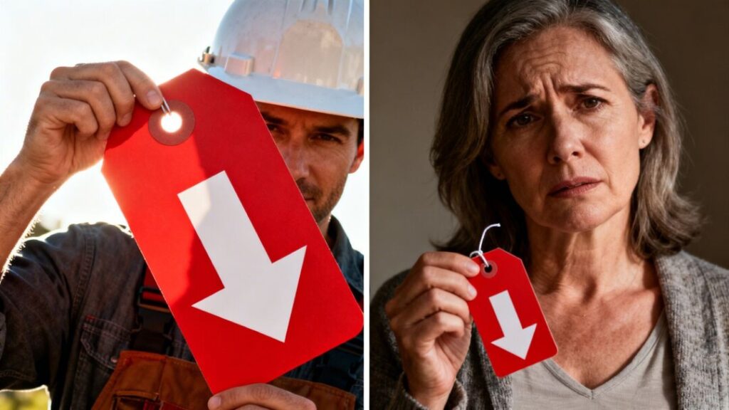 Builder and homeowner with price tags, builder's tag lower.