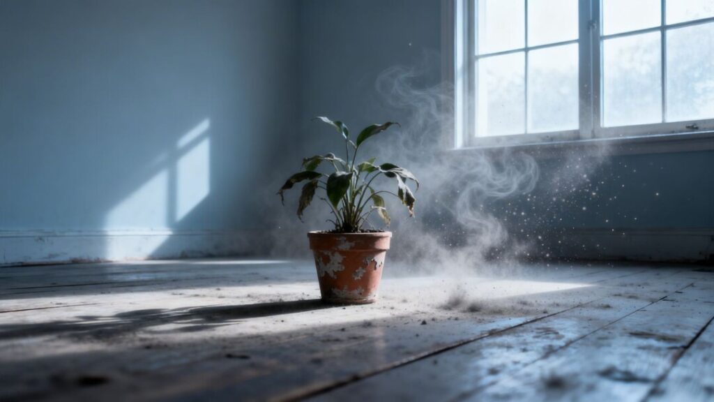 Empty living room with sunlight and dust motes.