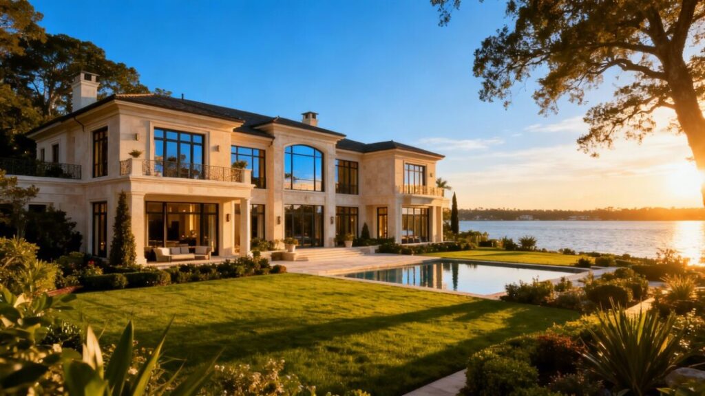 Luxury Florida mansion with waterfront view.