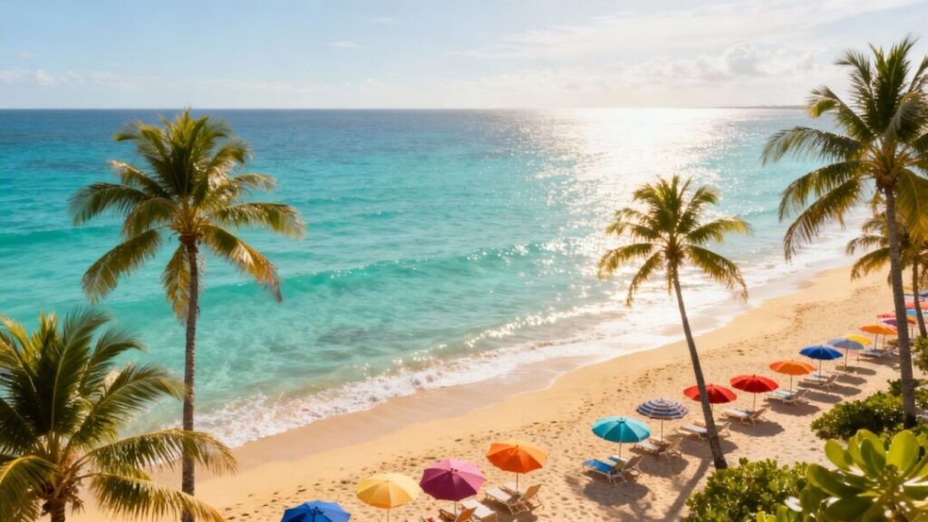Siesta Key beach with clear water and palm trees.